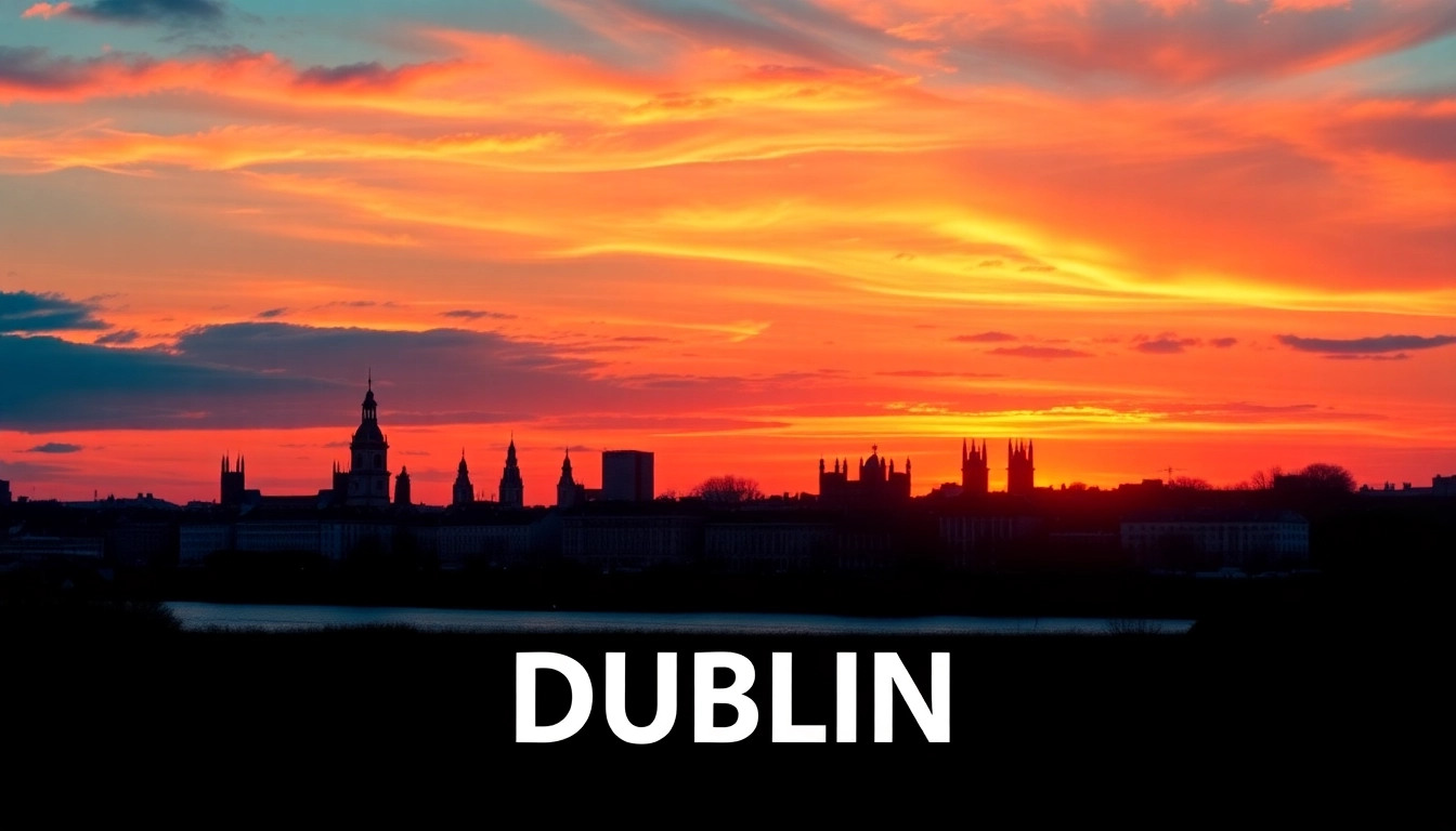 Promote poster printing Dublin with a stunning sunset skyline, highlighting creativity and urban charm.