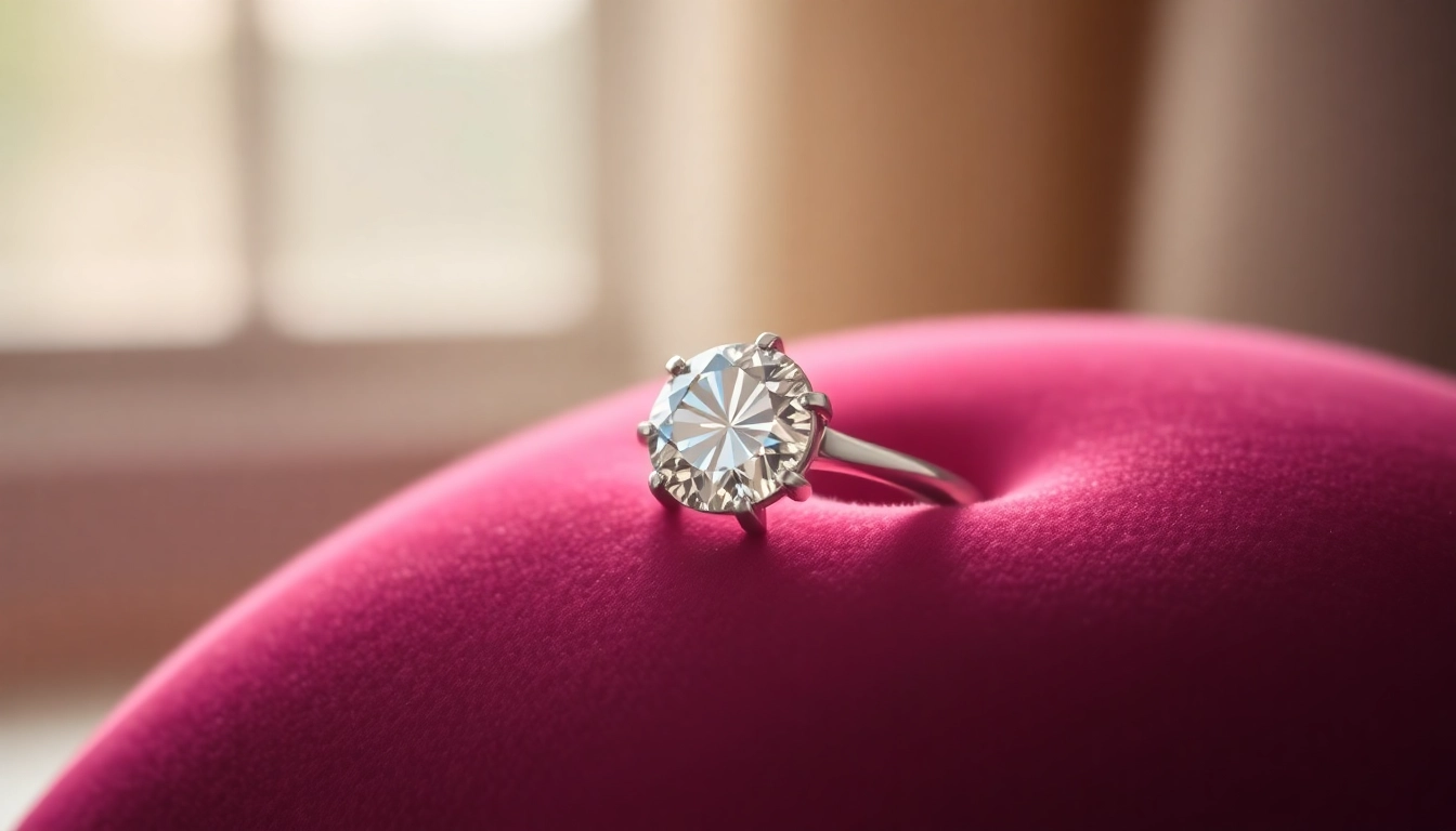 Admiring a radiant 2 Carat Engagement Ring with a brilliant cut diamond displayed against a plush backdrop.