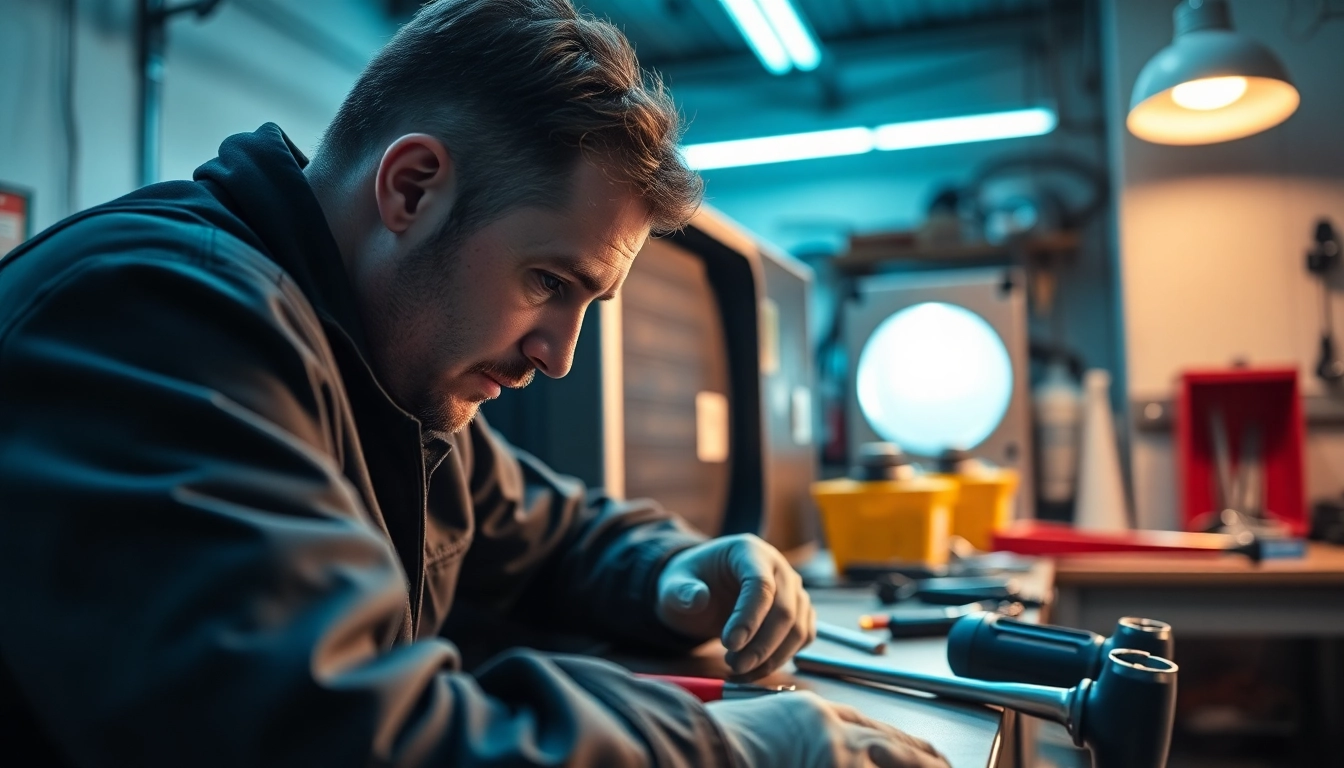 Technician performing ice machine repair with professional tools in a bright workshop environment.