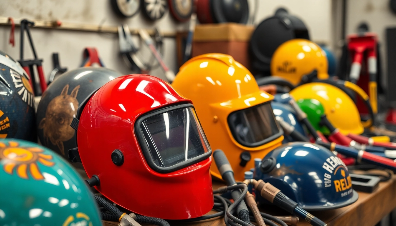 Showcase essential welding supplies emphasizing helmets and tools for professionals.