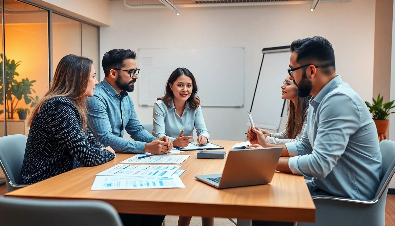 Professionals discussing competitive intelligence services in a modern office setting.