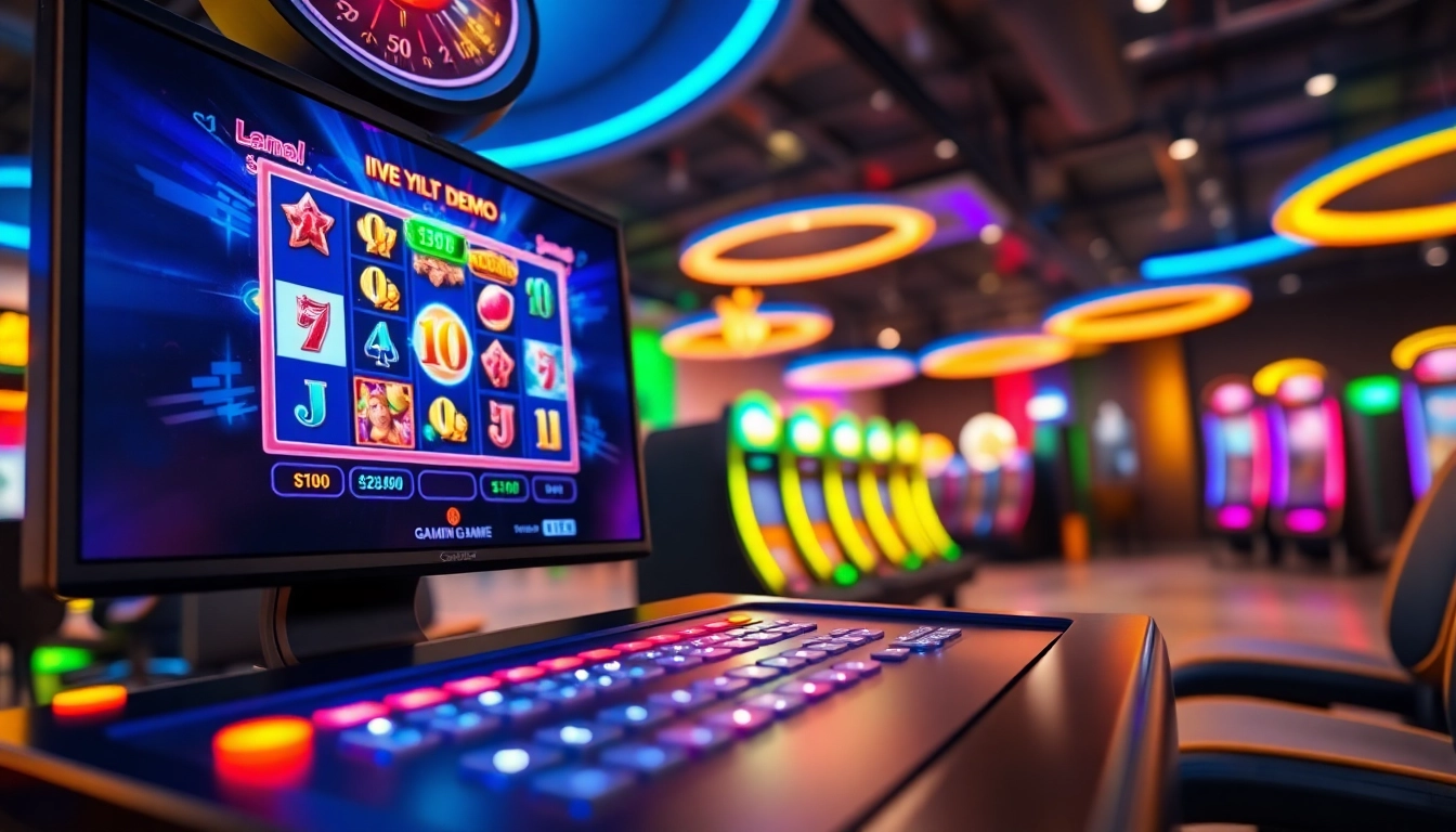 Menampilkan slot demo interaktif di layar besar berwarna cerah dengan grafis yang memukau.