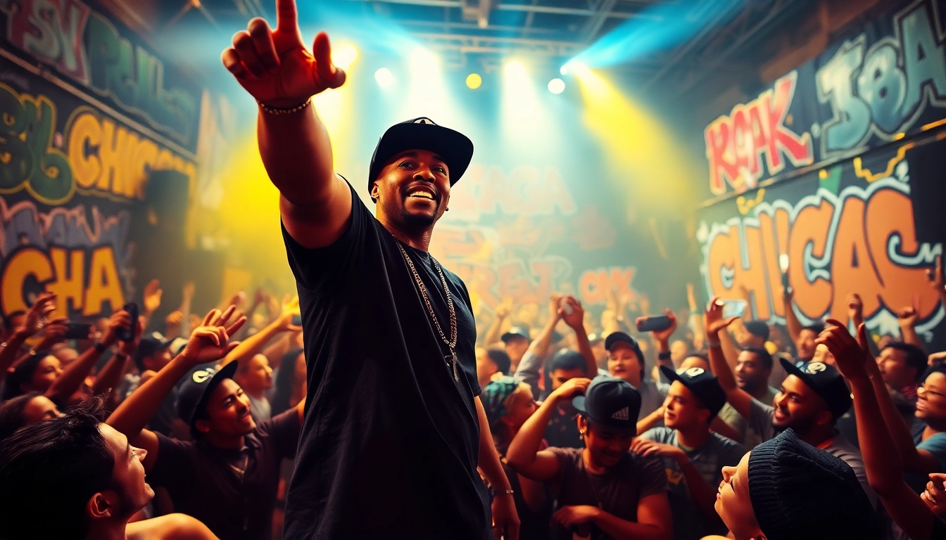 Engaging scene of Chicago rap lyrics being performed live on stage by an enthusiastic artist.