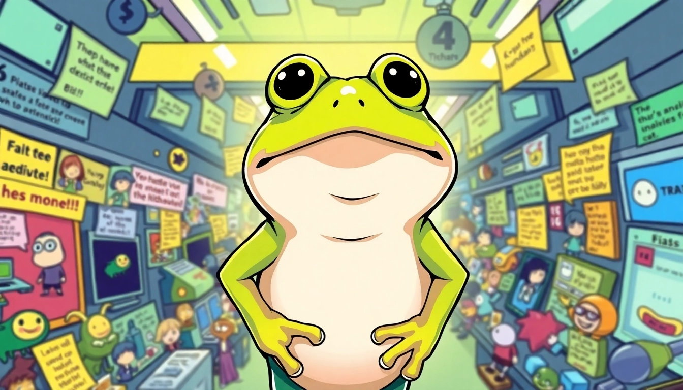 Engaging scene illustrating the vibrant 4chan meme economy filled with humorous meme characters and digital marketplace elements.