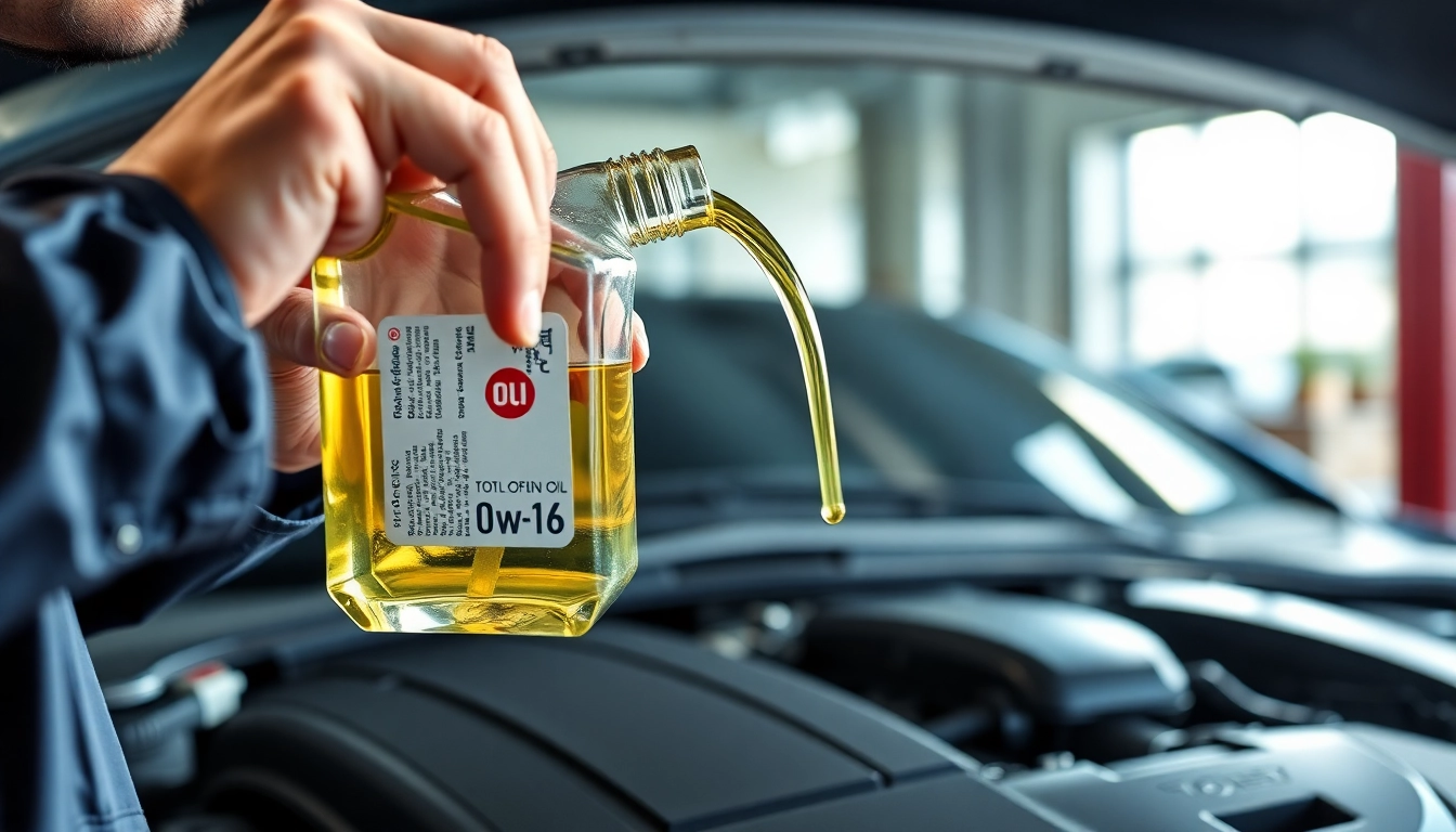 Automotive technician demonstrating the benefits of 0w-16 oil while examining a vehicle's engine.