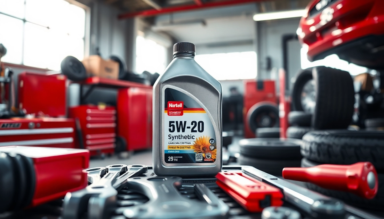 Shop quality 5w20 oil synthetic engine oils in a professional mechanic's environment.