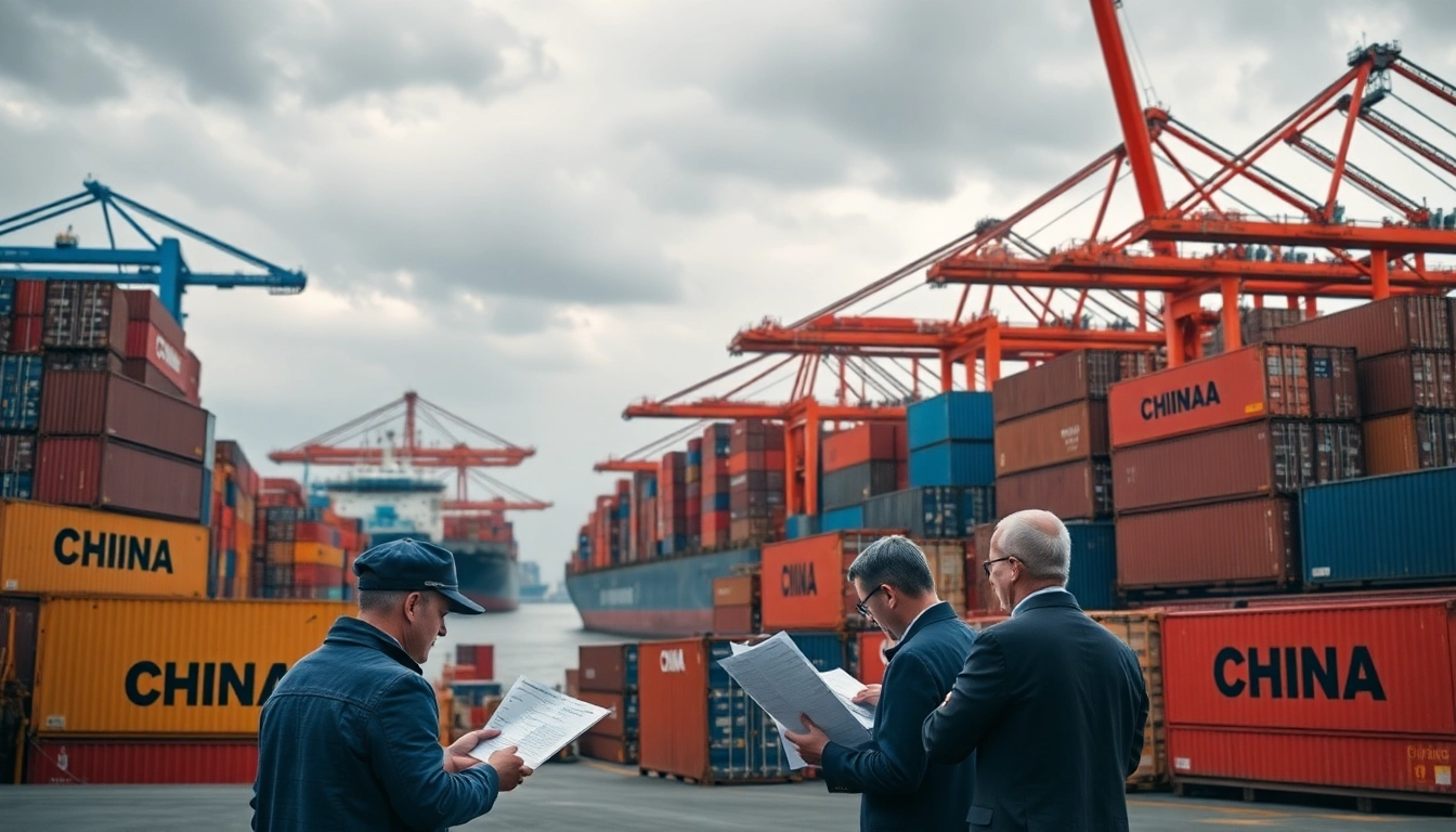 Visualize import tariffs on China through a busy port scene highlighting customs inspections and cargo ships.