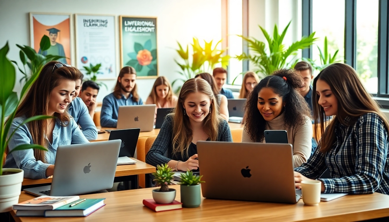 Students pursuing online university degrees from UK engage in a modern classroom setting.