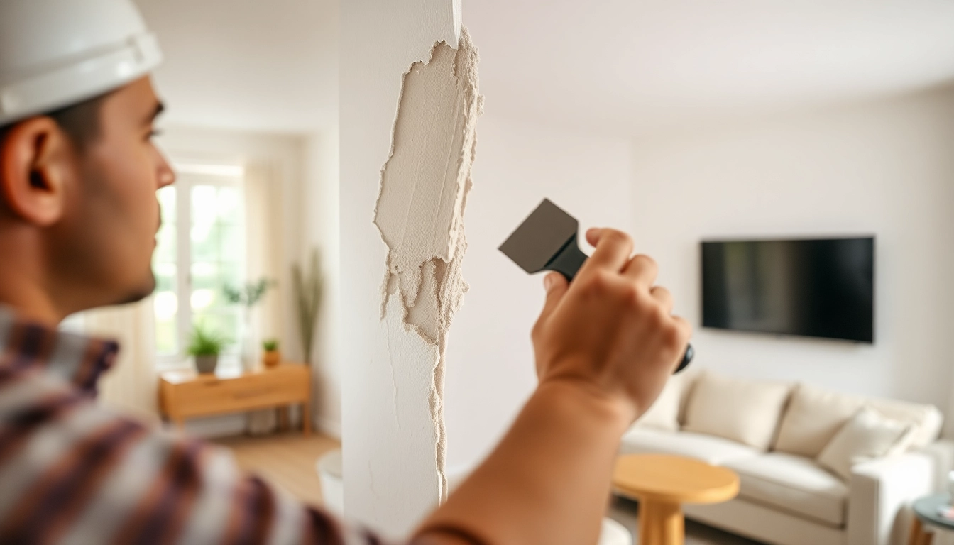 Drywall repair Madison WI: Expert fixing wall damage with precision in a bright living room.
