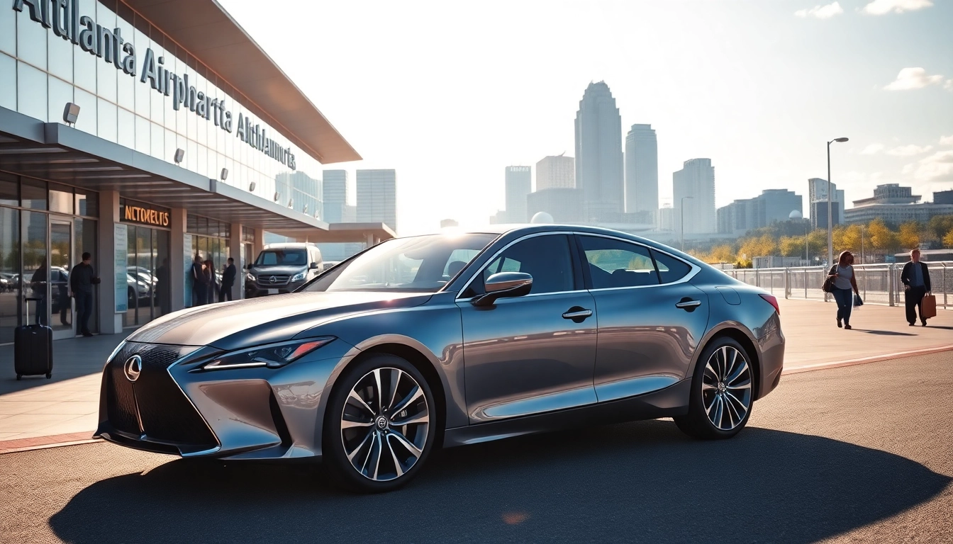 Providing car service from Atlanta airport to Alpharetta, a luxury vehicle awaits travelers in a bustling setting.