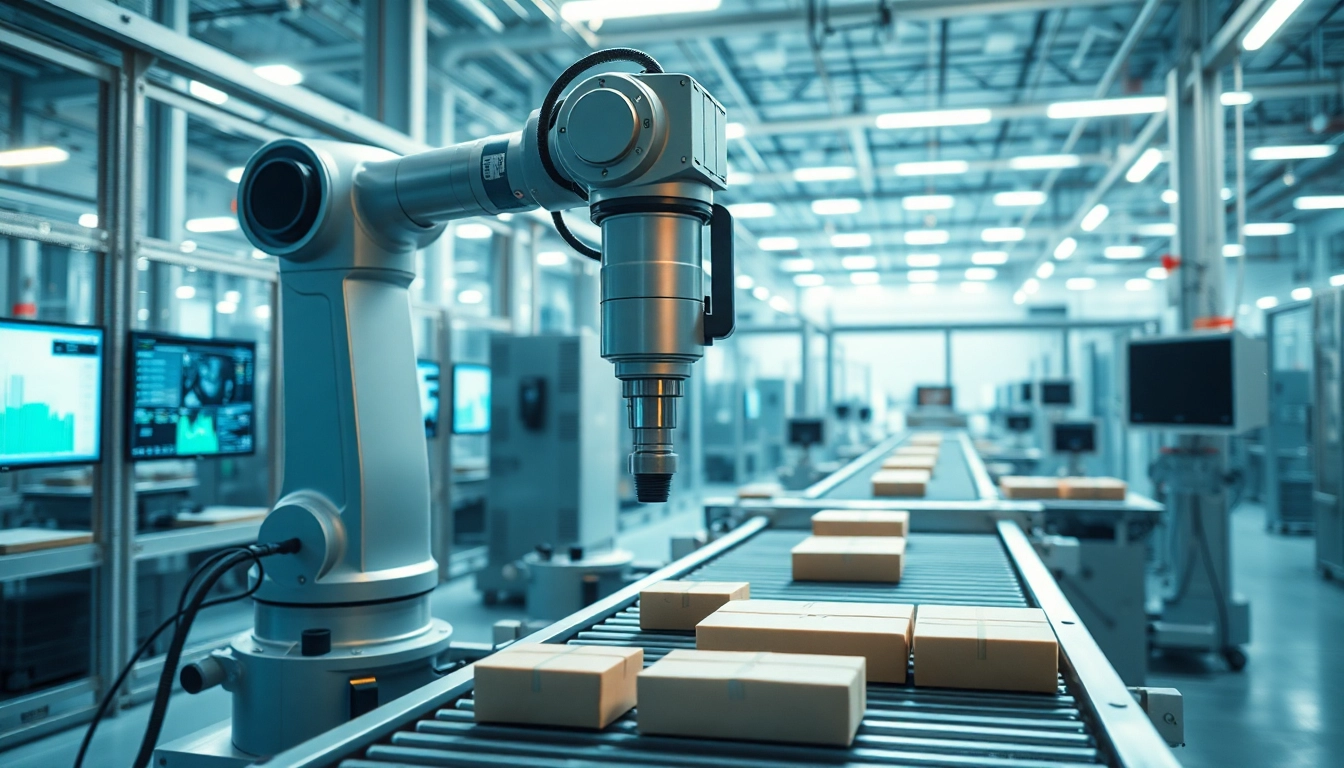 Machine vision system inspecting products with robotic arm in a high-tech environment.