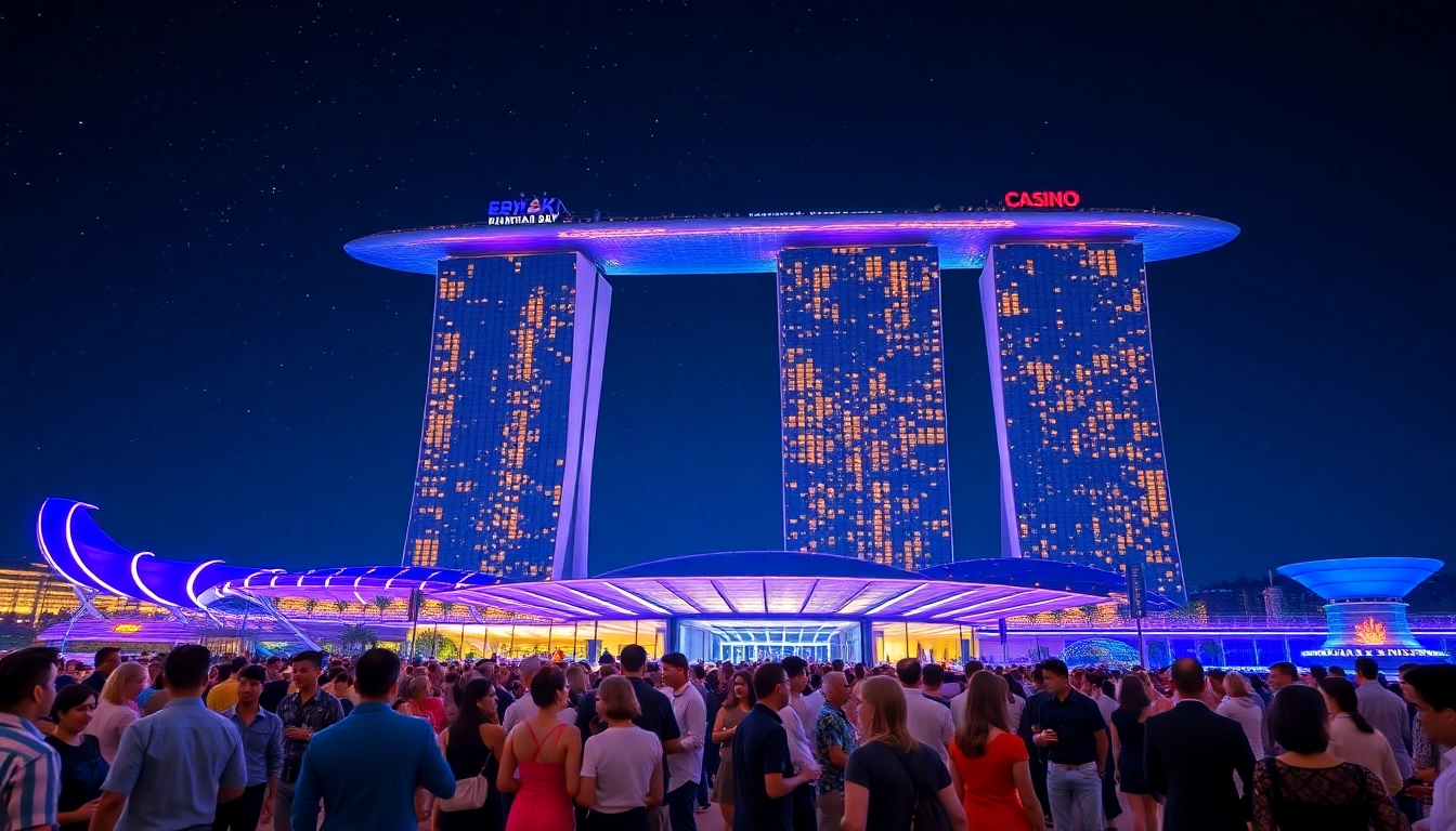 Experience the vibrant atmosphere outside the Marina Bay Sands Casino in Singapore at night.