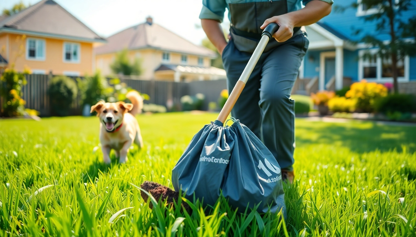 Efficient dog poop cleanup service in a vibrant yard with bright sunlight and a happy worker.