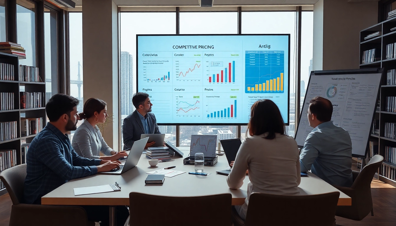 Visual representation of a Competitor pricing analysis conducted by a diverse team in a modern office.