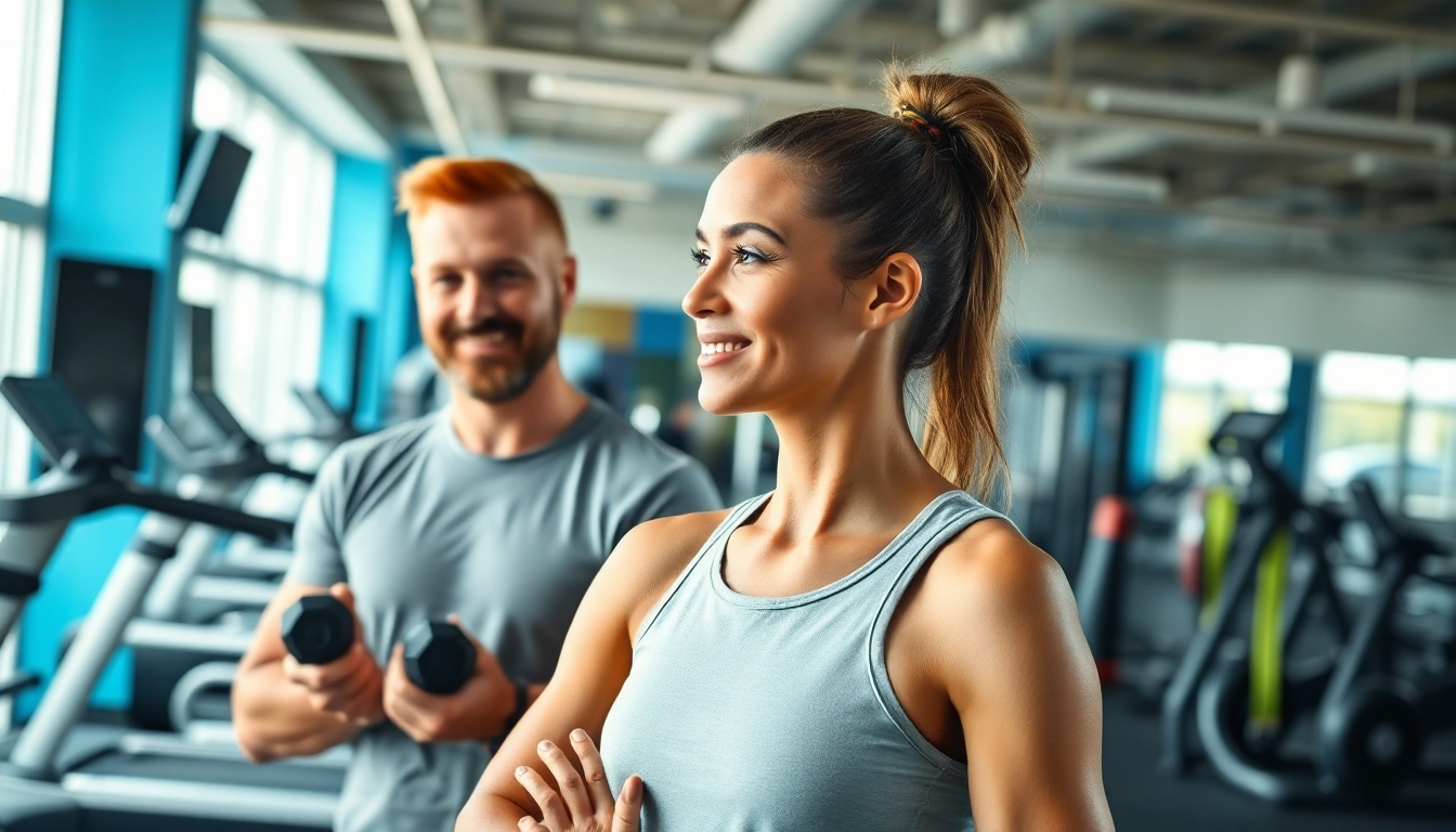 Engaging gym training consultation between a trainer and client in a modern fitness environment.