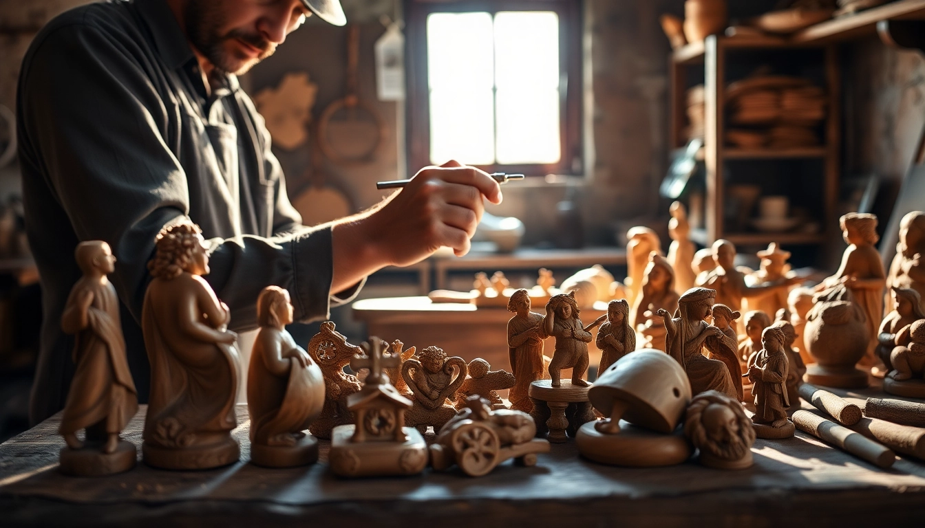 Artisan crafting intricate olive wood carvings, showcasing traditional craftsmanship.