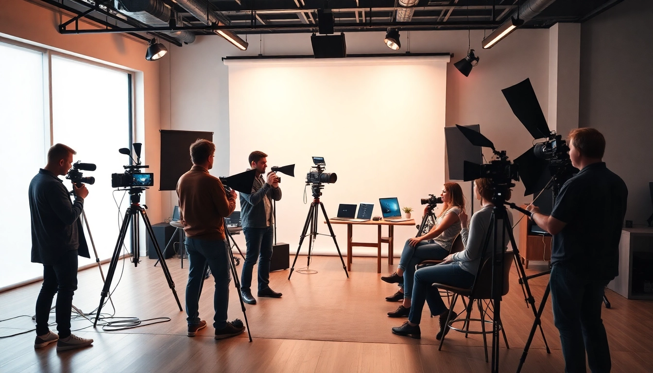 Professional 영상제작업체 team brainstorming brand film concepts in a modern studio setting.