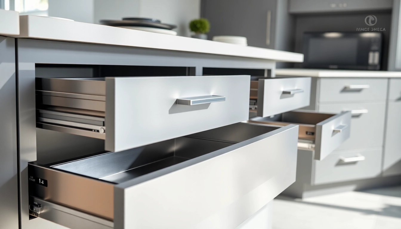 Showcasing a Metal Drawer System in a sleek kitchen with modern design features.