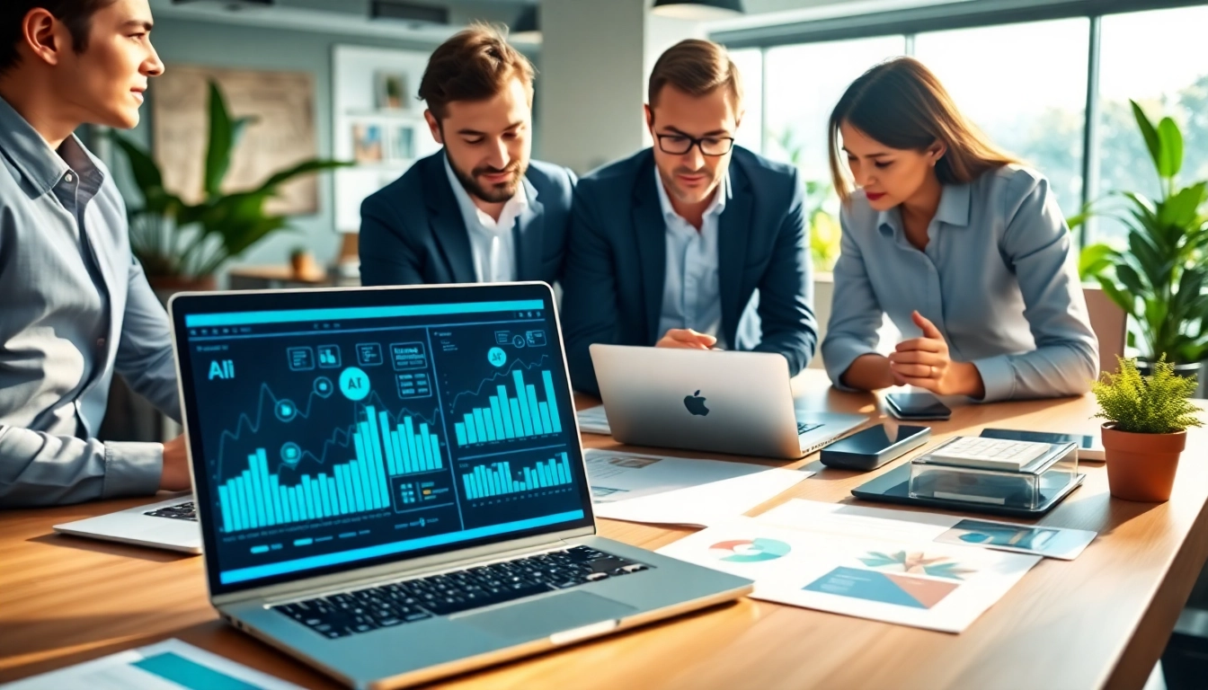 Showcasing professionals using an AI content marketing platform for strategic collaboration.