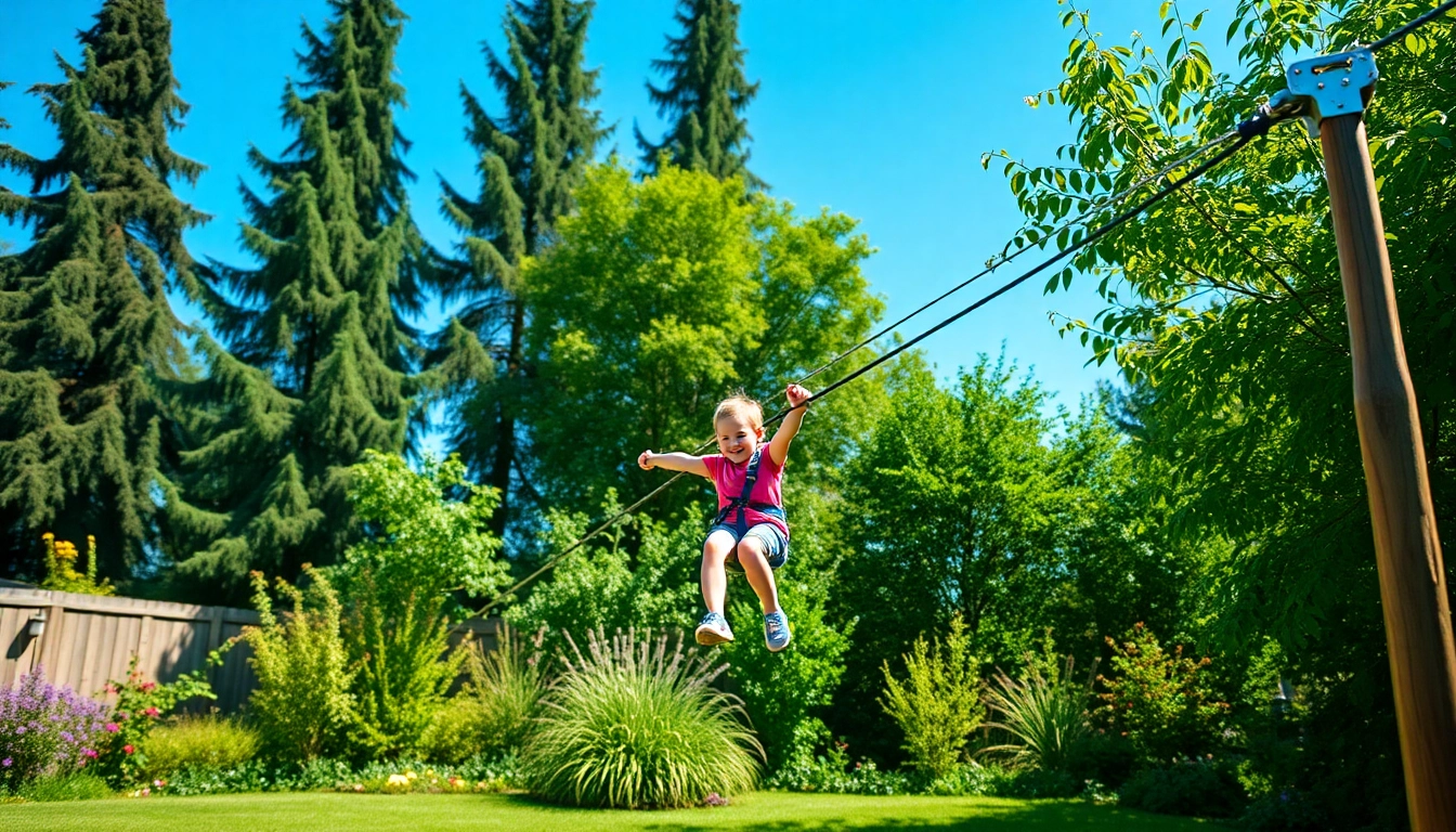 Kids enjoying the thrill of a ZIP WIRE KIT in a vibrant backyard setting.