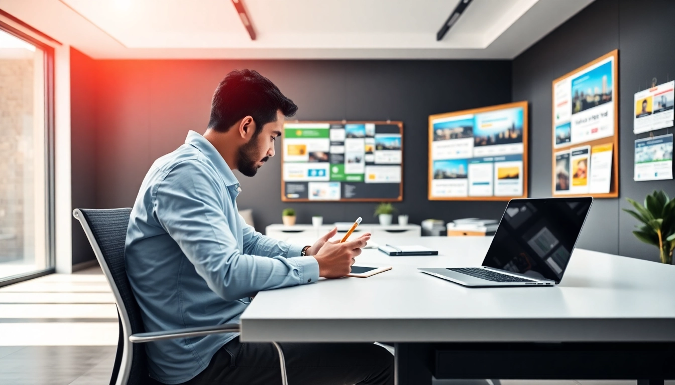 Creating a innovative website design in a professional workspace with mockups and tools.