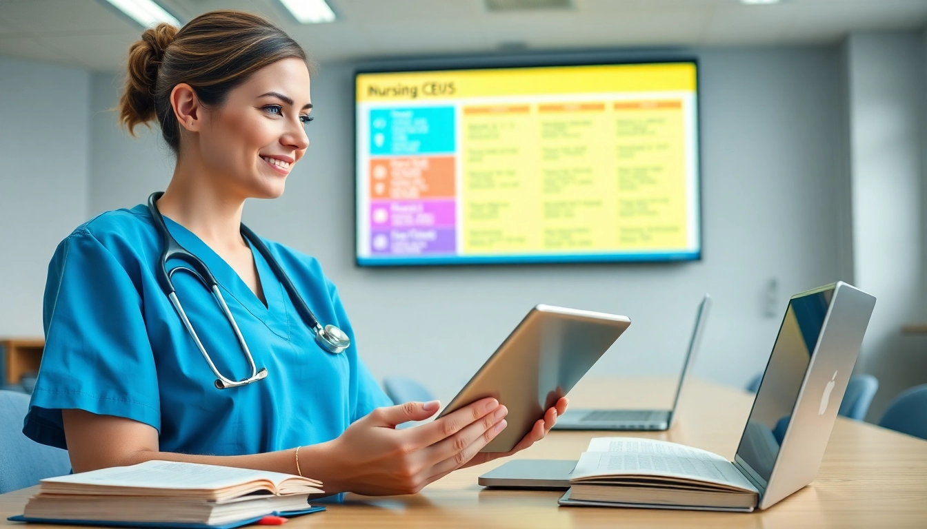 Engaged nurse utilizing digital resources for nursing ceus in a modern classroom setting.
