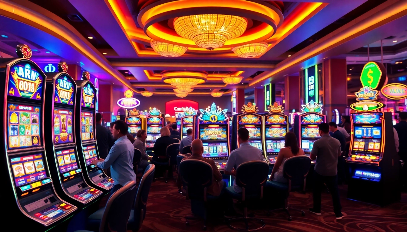 Permainan slot yang menarik dengan mesin slot berwarna cerah di kasino yang ramai