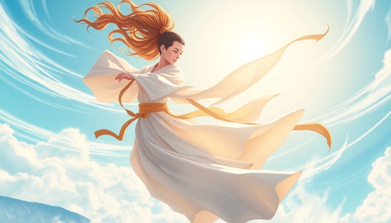 Flowing airbender demonstrating the art of AirBend amidst swirling winds in a tranquil sky.