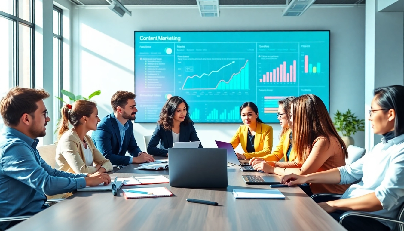 Enhance your strategy with the AI content marketing platform represented by a collaborative team.