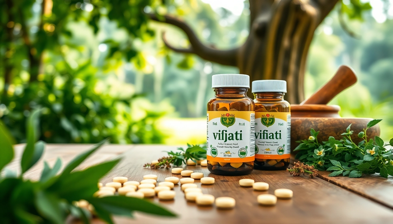 Vijaya Vati tablets showcased alongside fresh herbs and mortar, in a natural, serene setting.