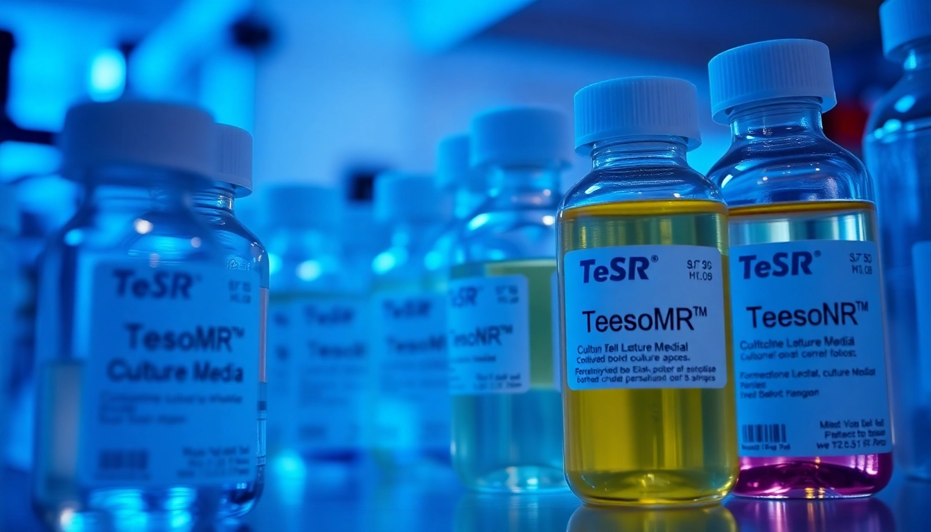 Showcasing TeSR™ culture media bottles in a lab, all check for high-quality hPSC growth