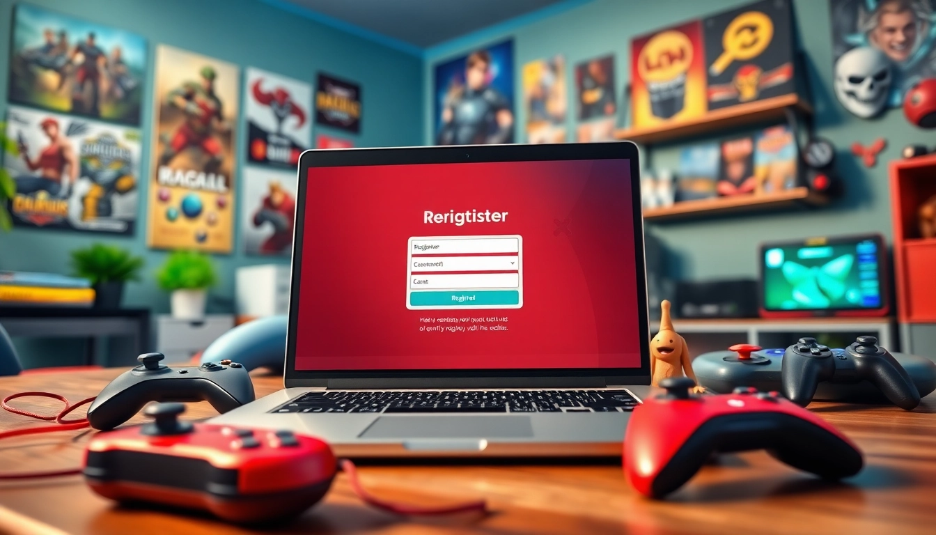 Mendaftar di daftar batman138 dengan laptop, aksesori game berwarna-warni di sekitar.