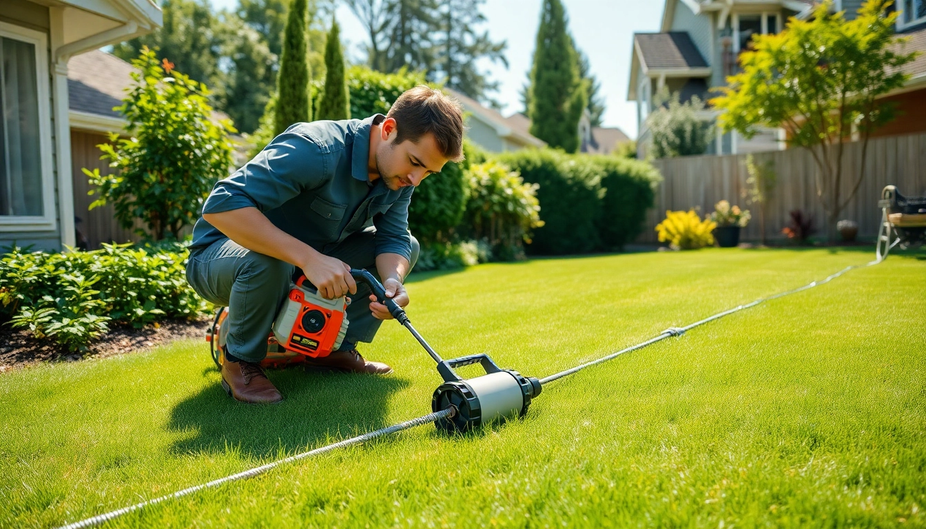 Technician performing termite reticulation system refills in a well-maintained garden.