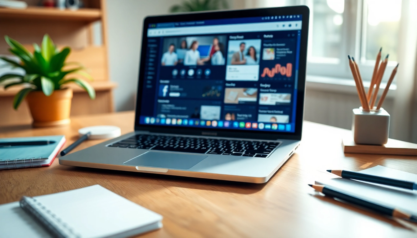 Showcasing social media and blog automation tools in a modern workspace with a laptop and creative elements.