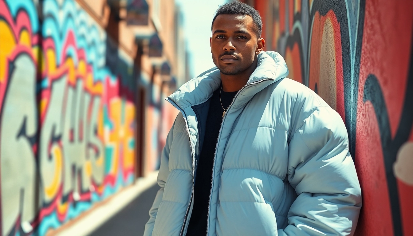 Model showcases an Oversize Puffer Jacket against colorful graffiti backdrop, exuding urban style.