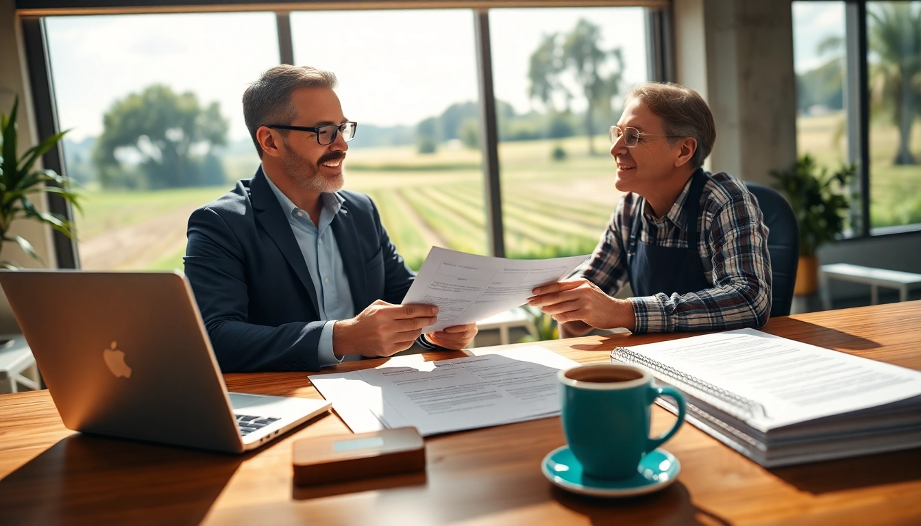 Agricultural law consultation portrays a lawyer assisting a farmer in a professional office.