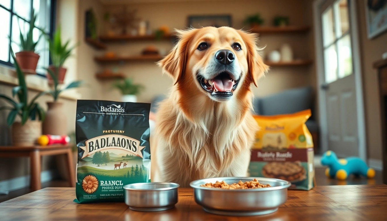 Dog enjoying Badlands Ranch dog food Canada in a cozy home environment showcasing healthy pet dining.