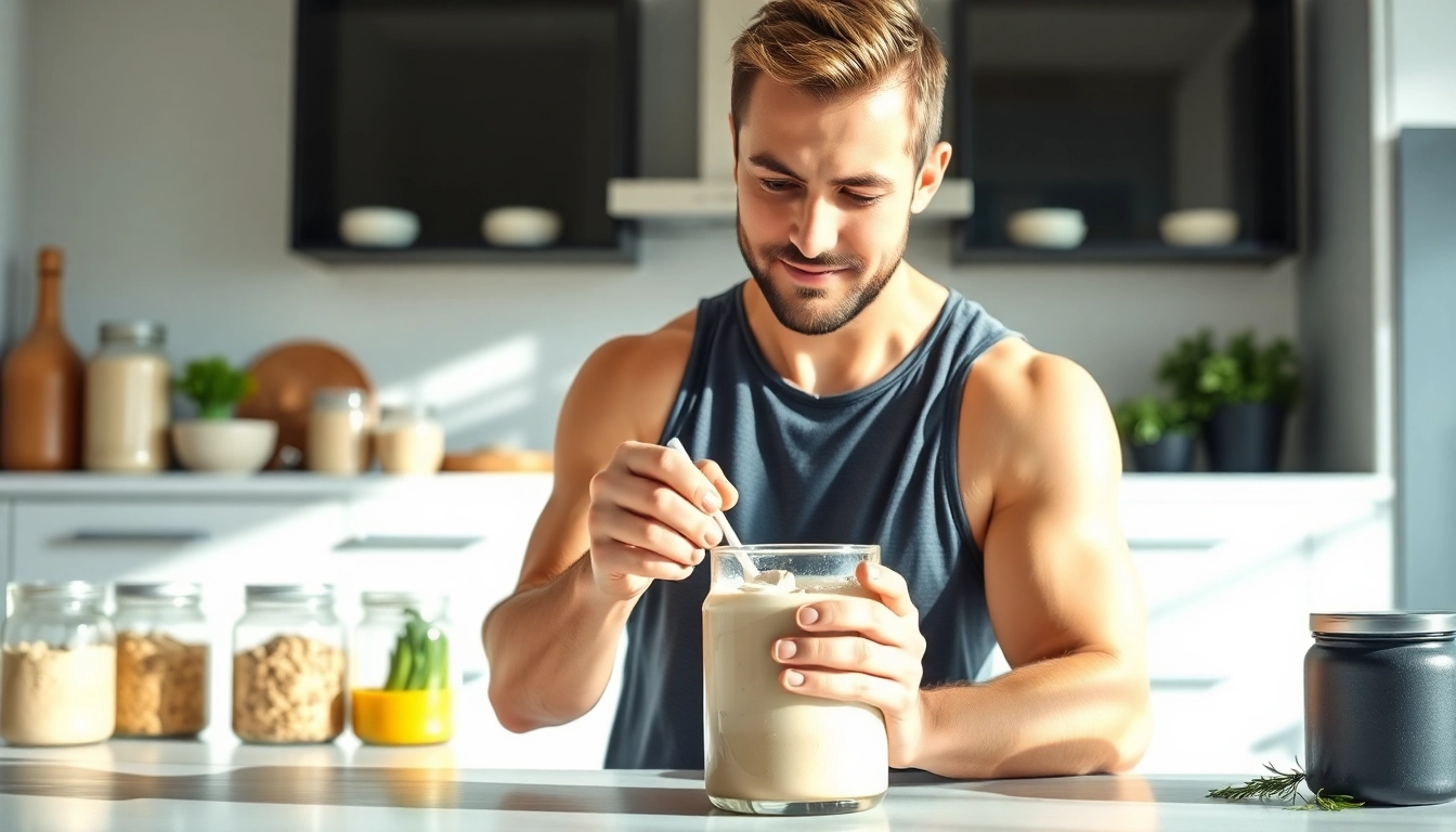 Protein Powder karıştıran fitness uzmanı sağlıklı bir ortamda çalışıyor.