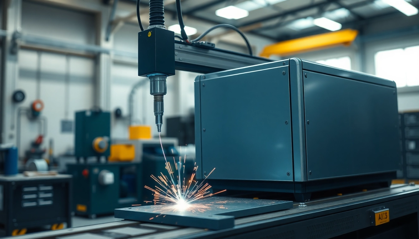 Laser welding machine demonstrates precision in an industrial workshop with vibrant lighting.