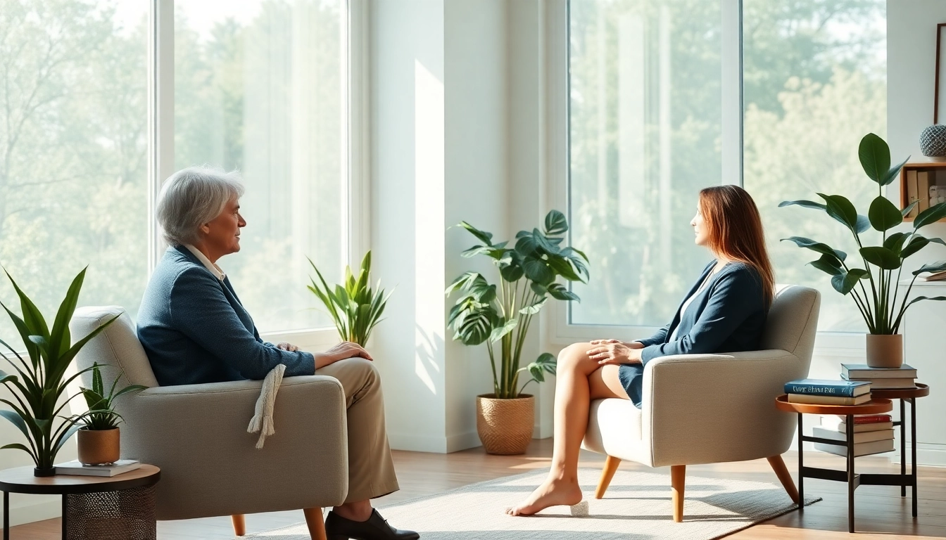 Engaged attachment theory coach facilitating a meaningful discussion with a client in a serene setting.