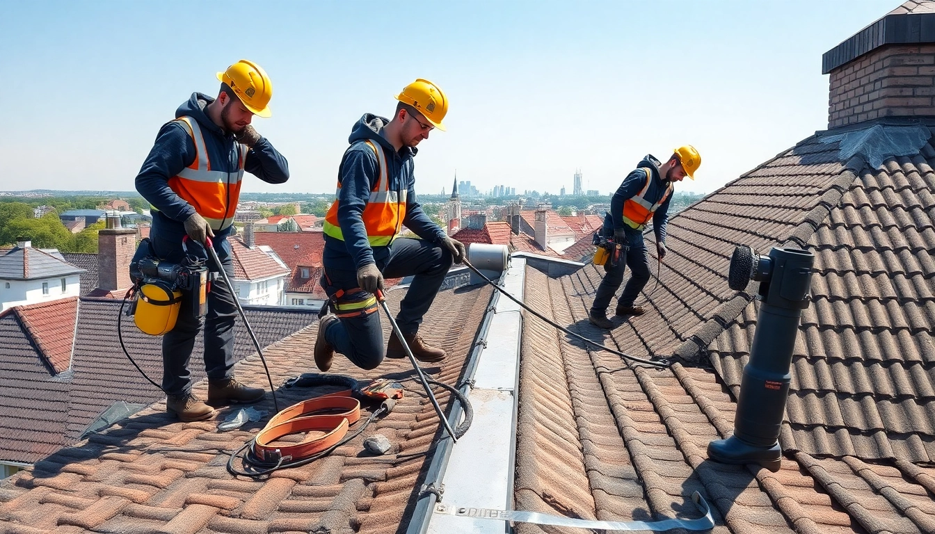 Roof maintenance specialists conducting dakonderhoud Arnhem with precision on a sunny day.