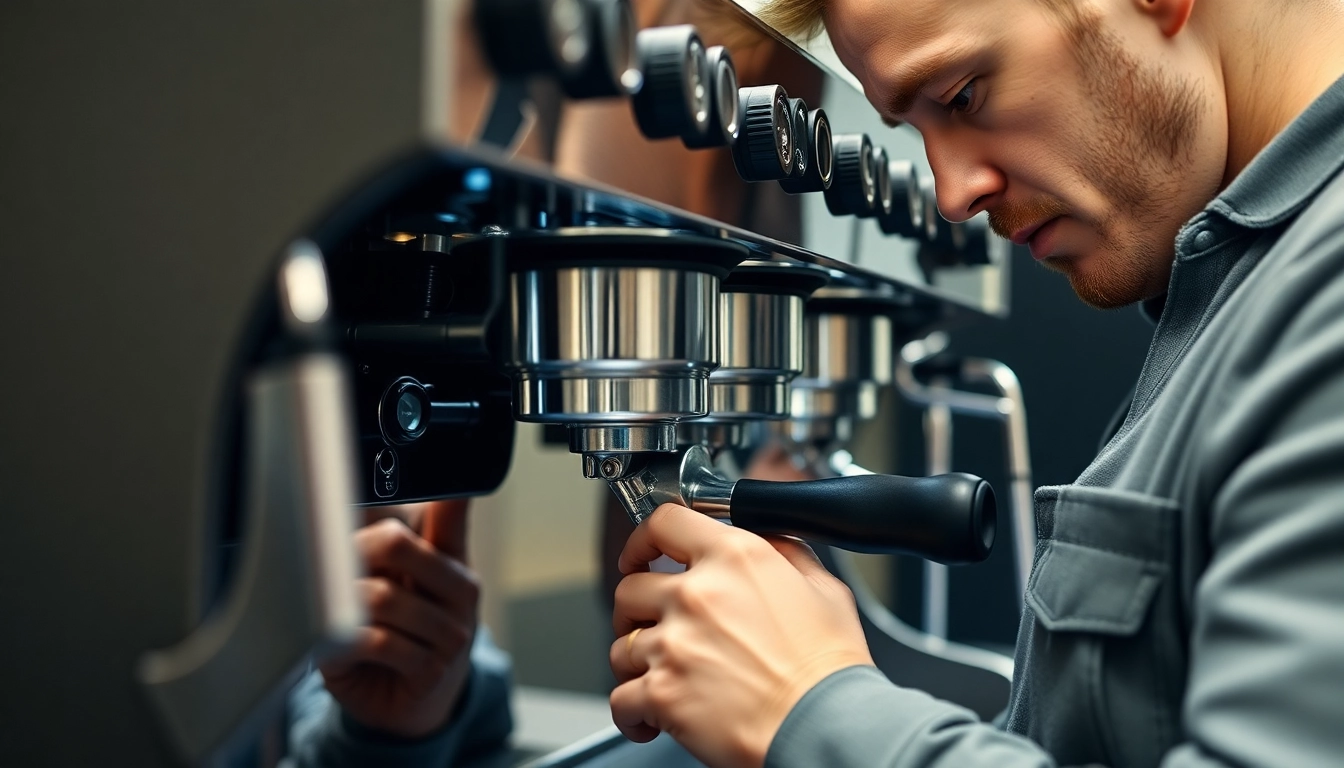 Cimbali tamiri being performed by a skilled technician in a bright workshop with espresso machine parts.