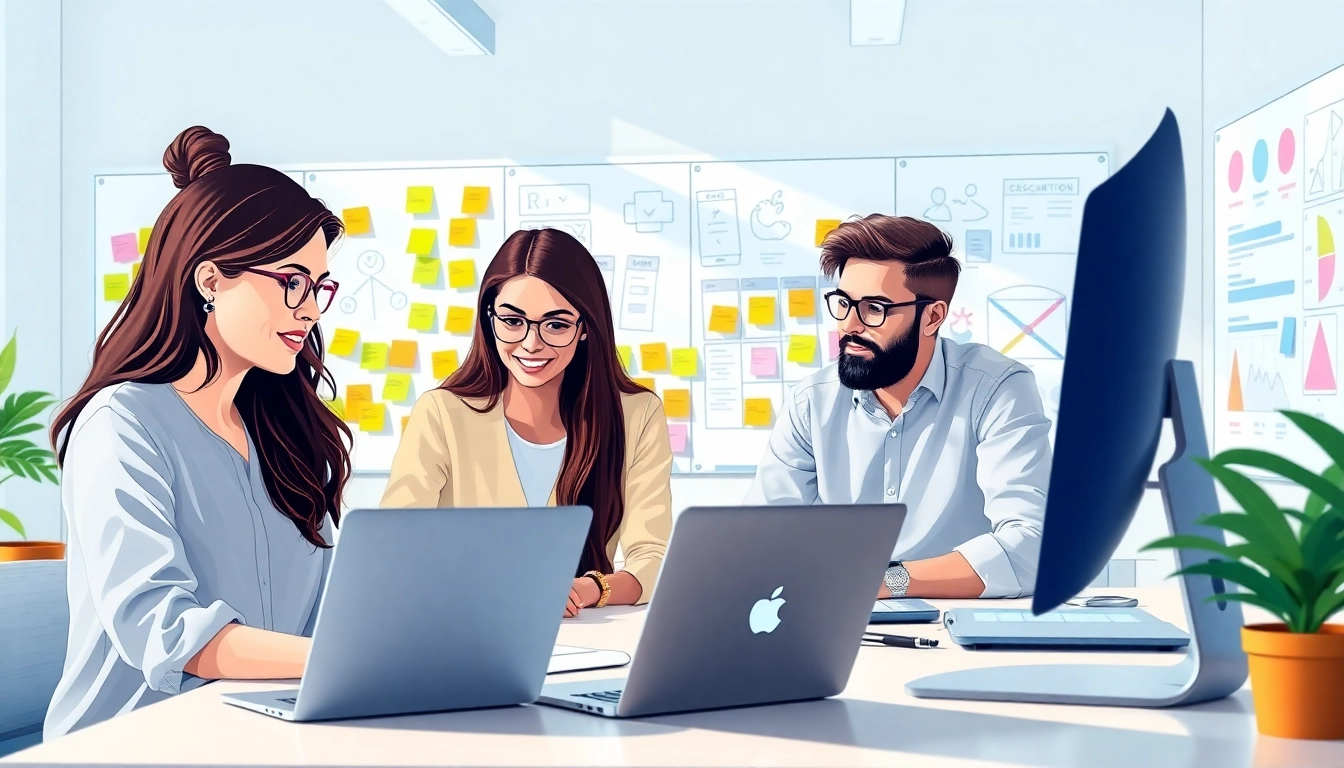 Developers collaborating on web development projects in a creative workspace