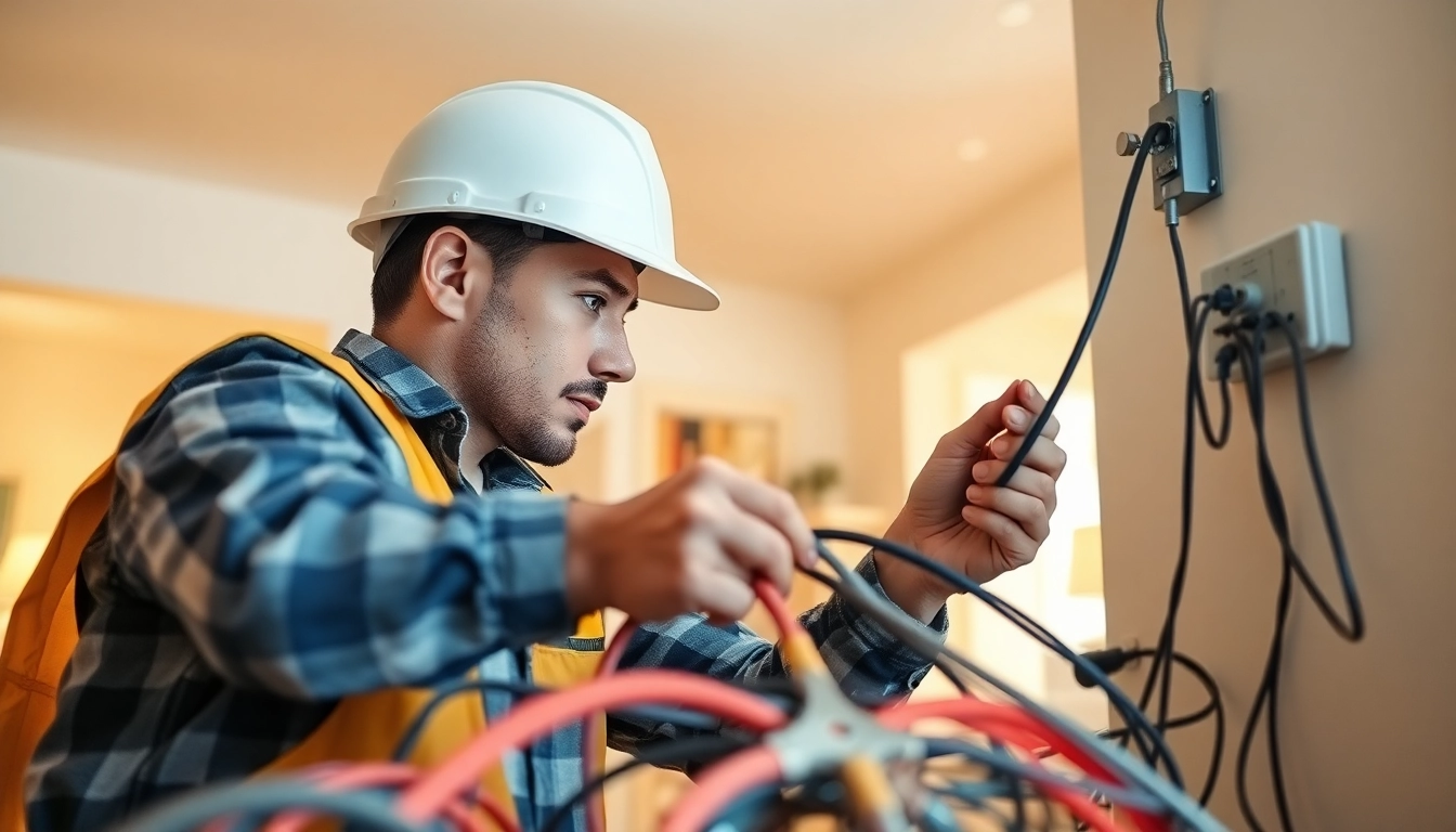 Showcasing Electrical Service, a skilled electrician installs wiring for a reliable residential setup.