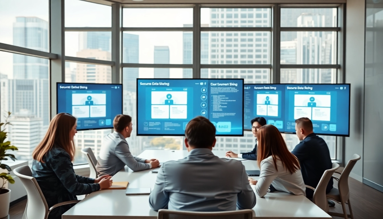 Datenräume in einem modernen Büro, professionelle Teamarbeit und sichere Dokumentenfreigabe zeigen.
