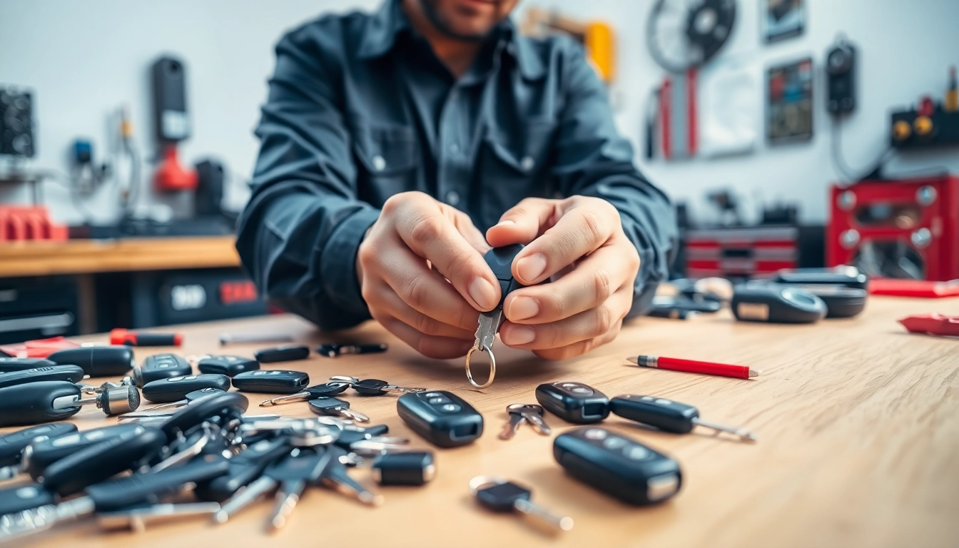 Creating Replacement Car Keys in a professional locksmith workshop with various tools and keys.