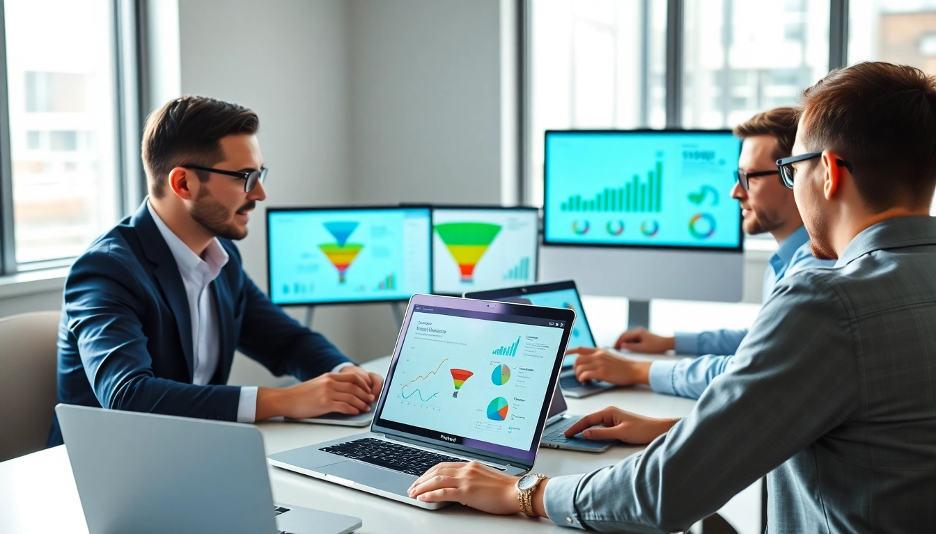 Engaging scene of funnel builders collaborating on marketing strategies in a modern workspace.