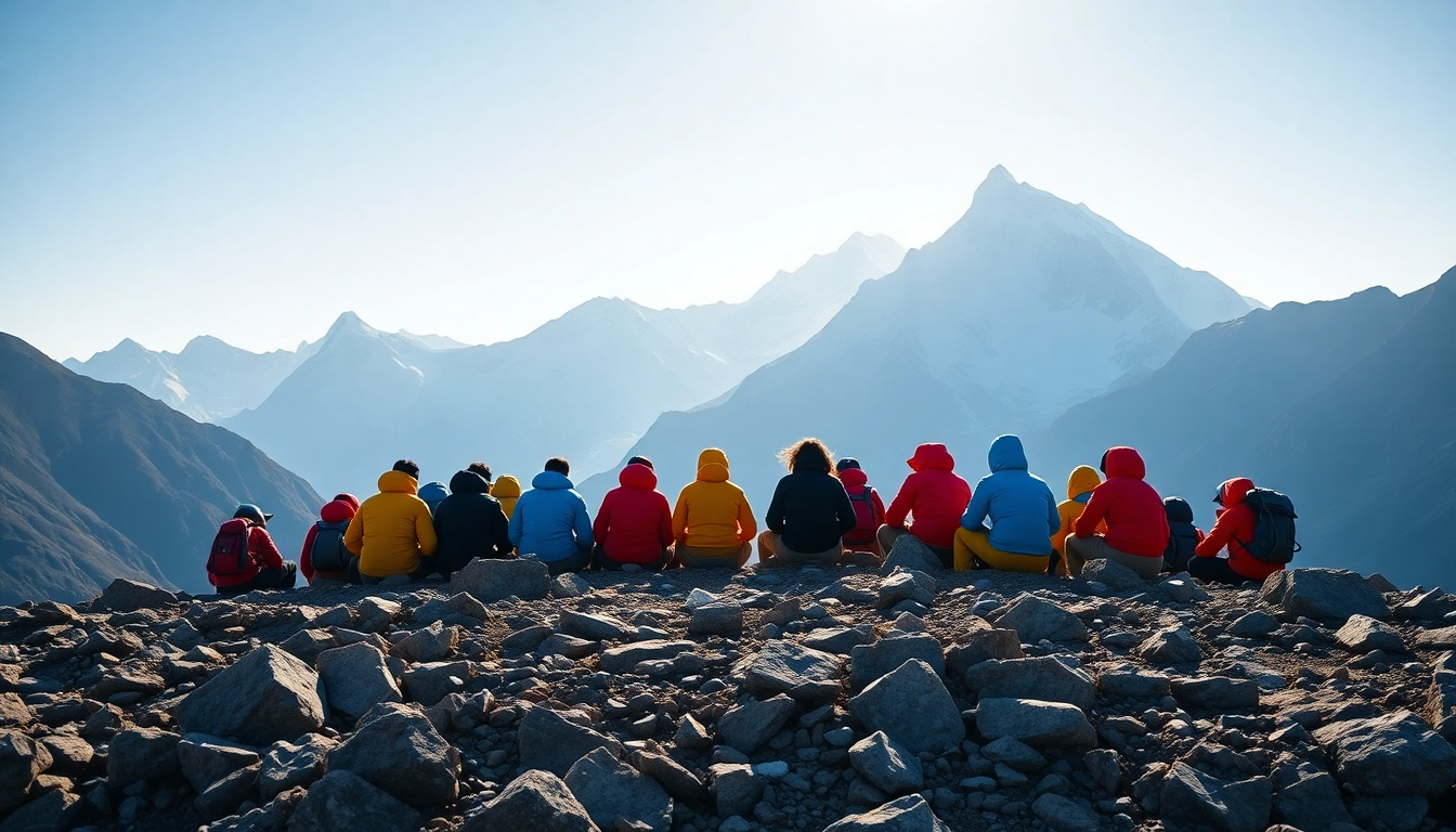 Trekkers celebrating at Annapurna Base Camp Trek surrounded by the stunning Himalayan landscape.