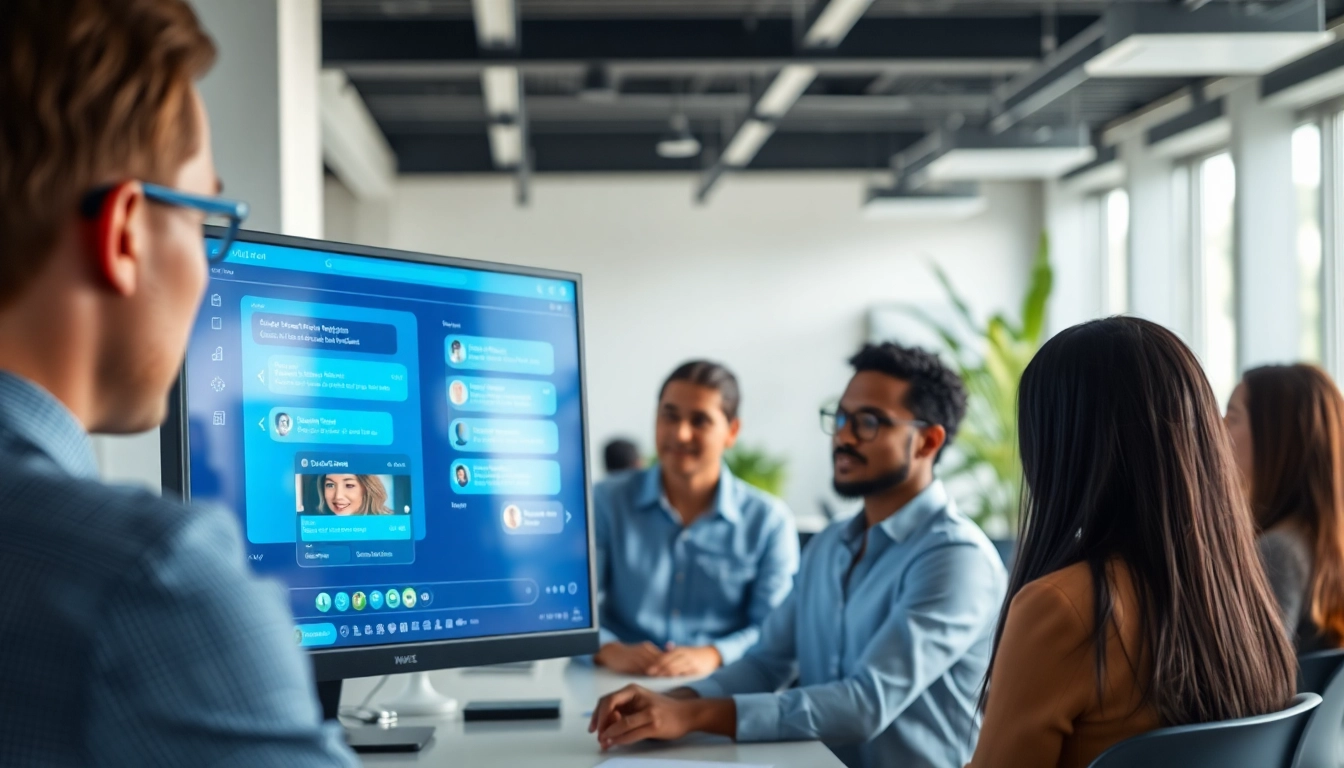 AI chat bot engaging with users in a modern office setting, showcasing its functionality and user interaction.