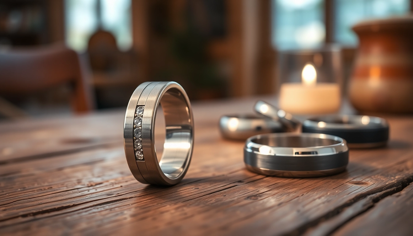 Showcase tungsten wedding rings in elegant finishes on a rustic wooden table.